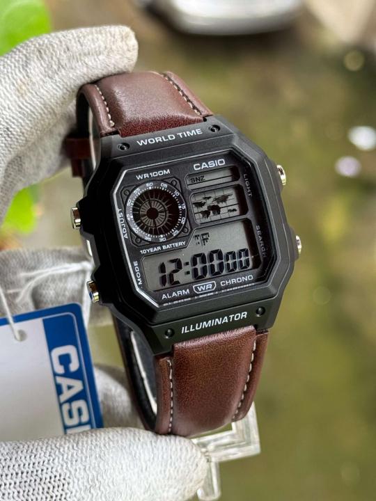 Casio premium brown leather belt with black dial