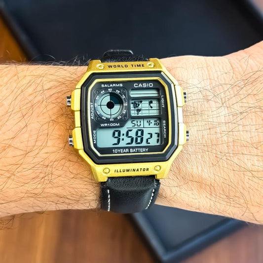 Casio black leather with golden dial