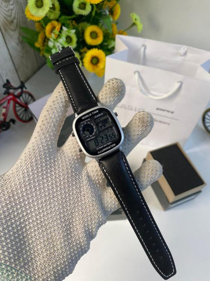 Casio black leather with silver dial