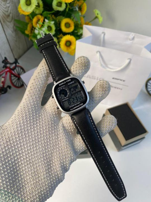 Casio black leather with silver dial
