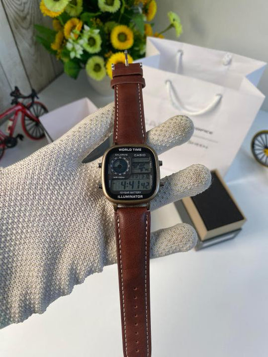 Casio brown leather belt with black dial