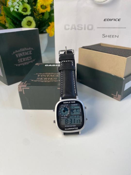 Casio black leather with silver dial