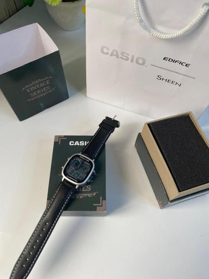 Casio black leather with silver dial