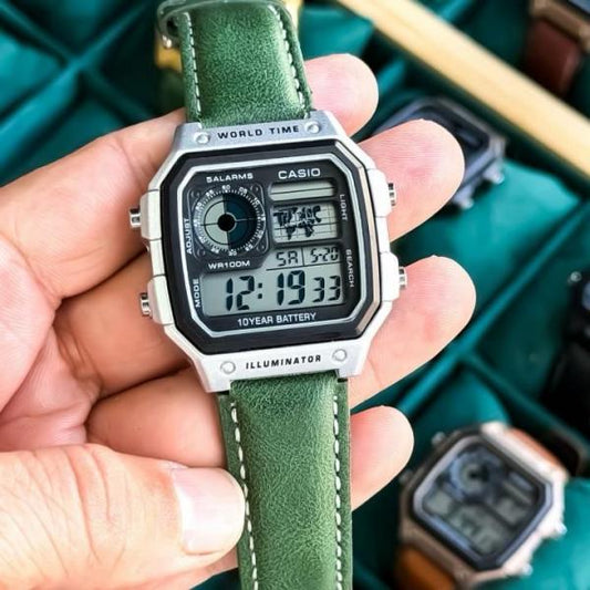 Casio green leather with sliver dial